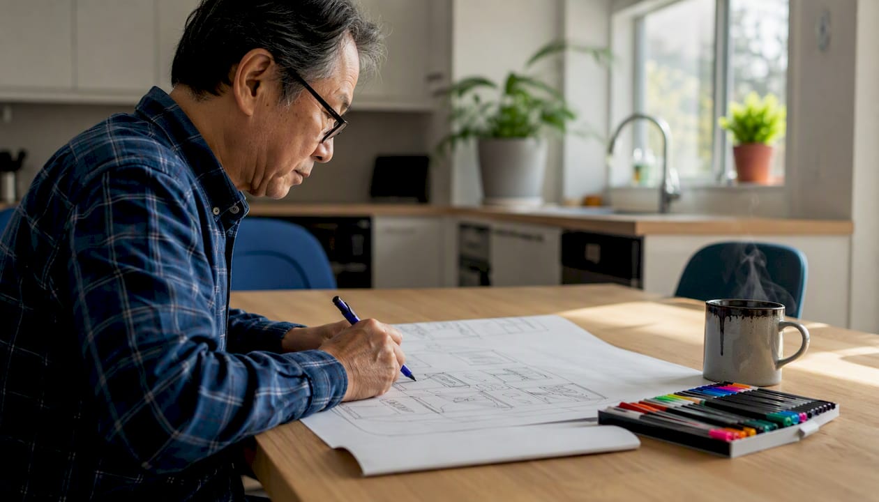 Man designing yard sign layout at desk