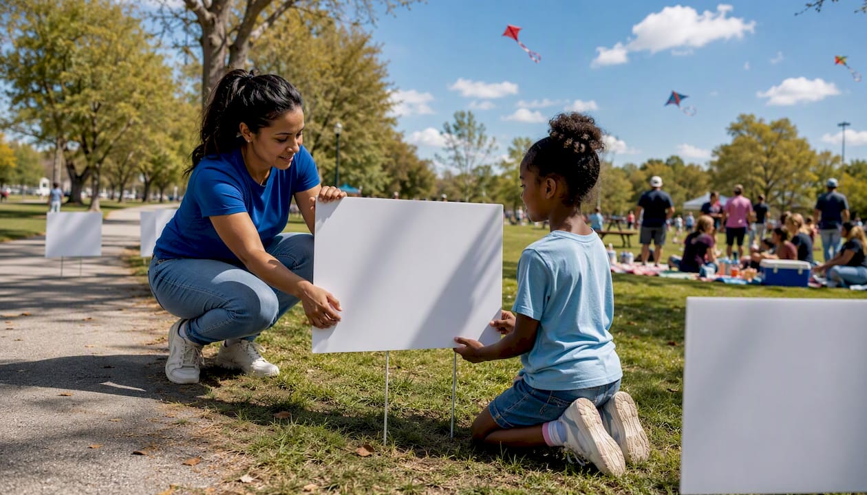Group placing directional yard signs outdoors
