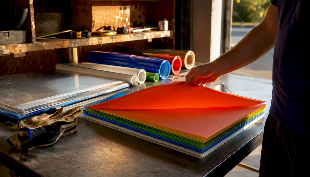 Hands handling various outdoor sign materials