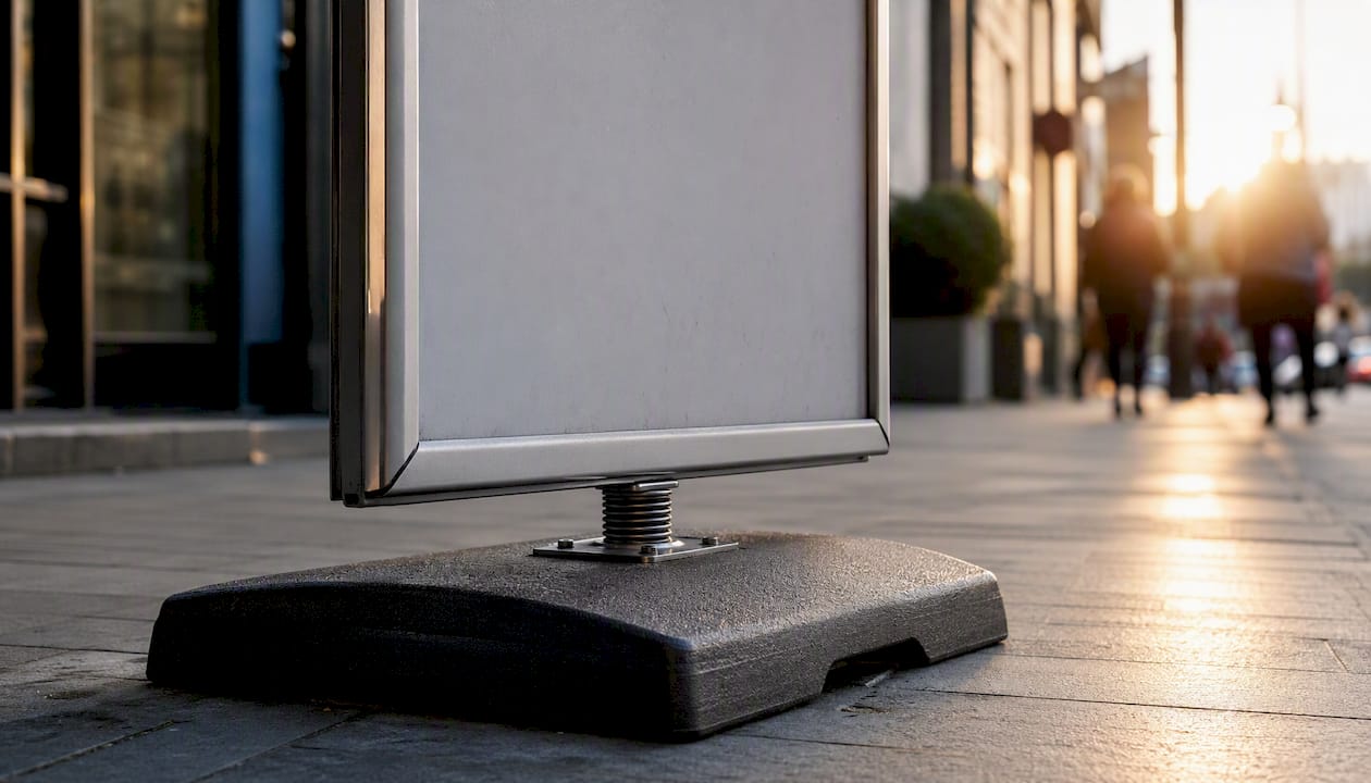 Weighted ABS sidewalk base with spring-mounted sign frame