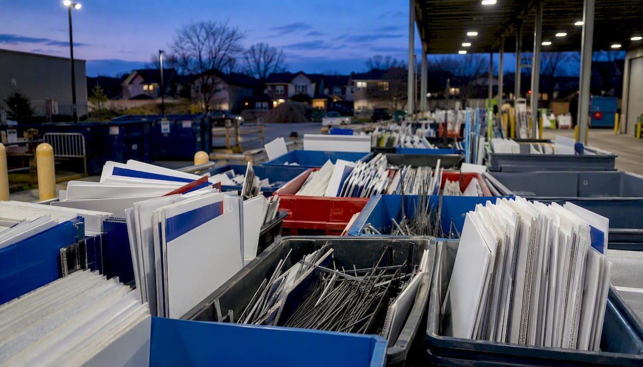 Large municipal yard sign collection drop-off at dusk