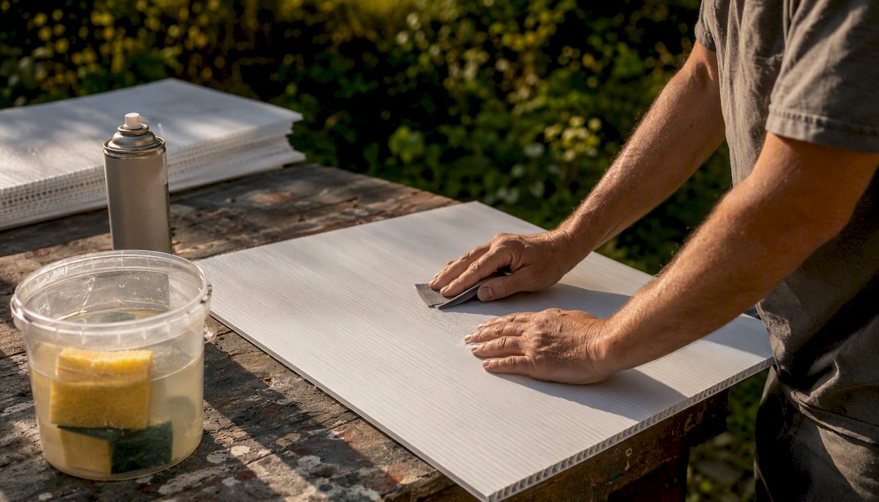 Hands sanding yard sign surface preparing for repaint
