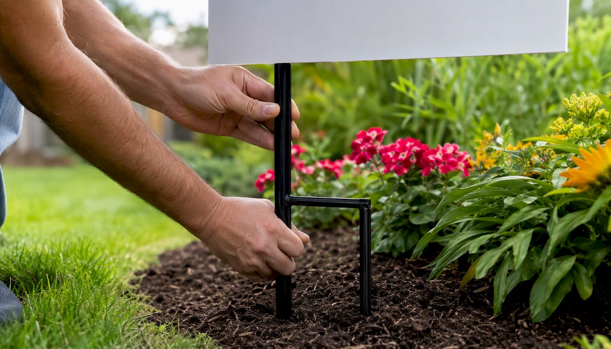 Hands installing yard sign stake outdoors