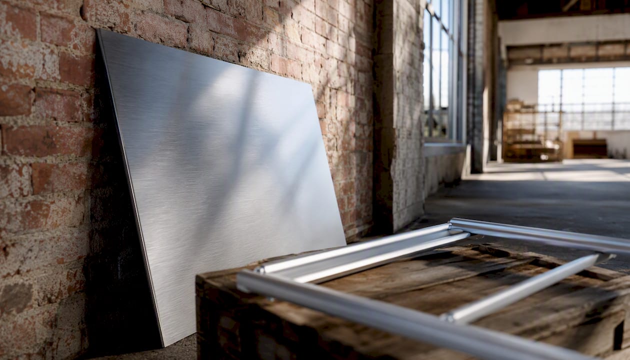 Aluminum yard sign panel resting on floor