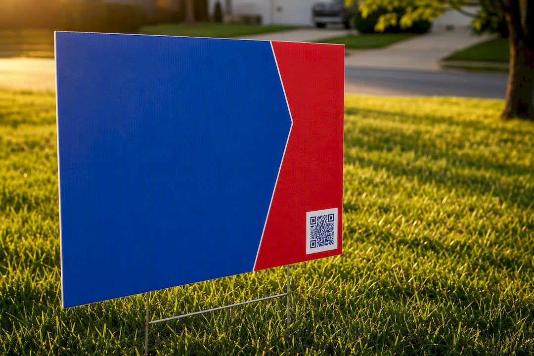 Yard sign corner showing QR code detail