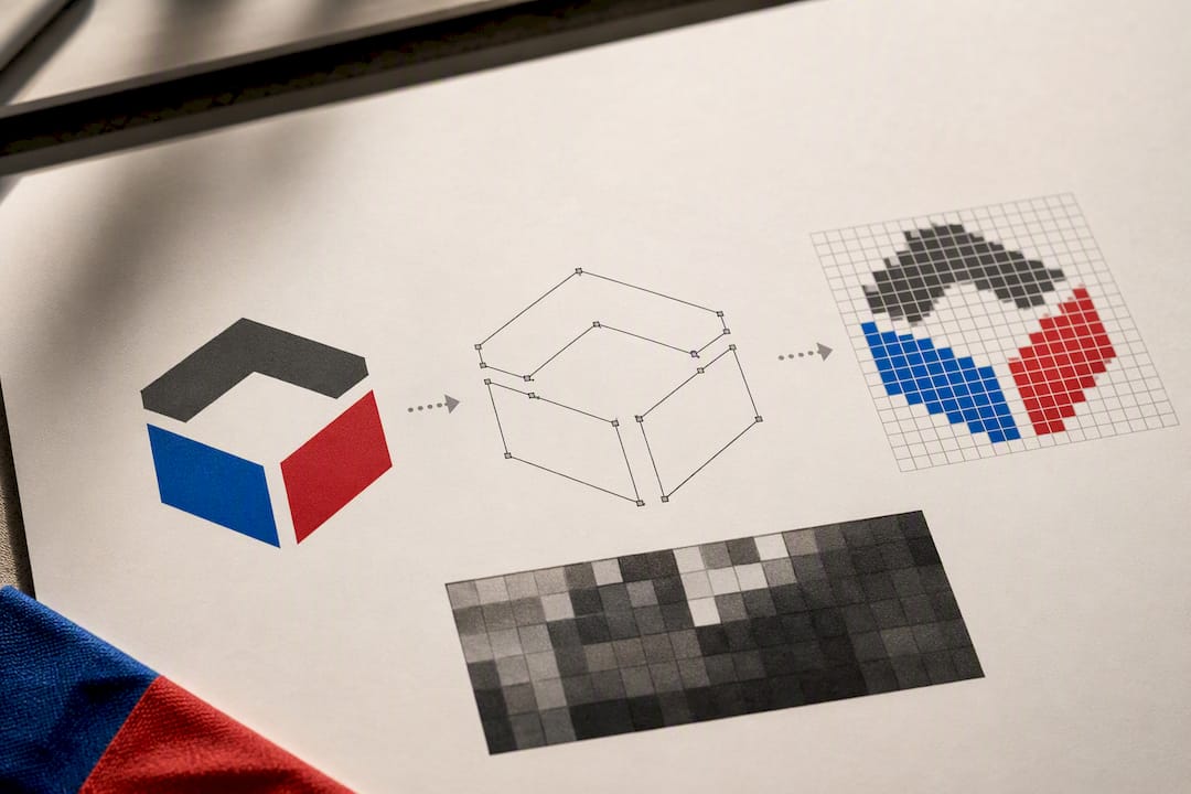 Vector curves beside enlarged raster pixels