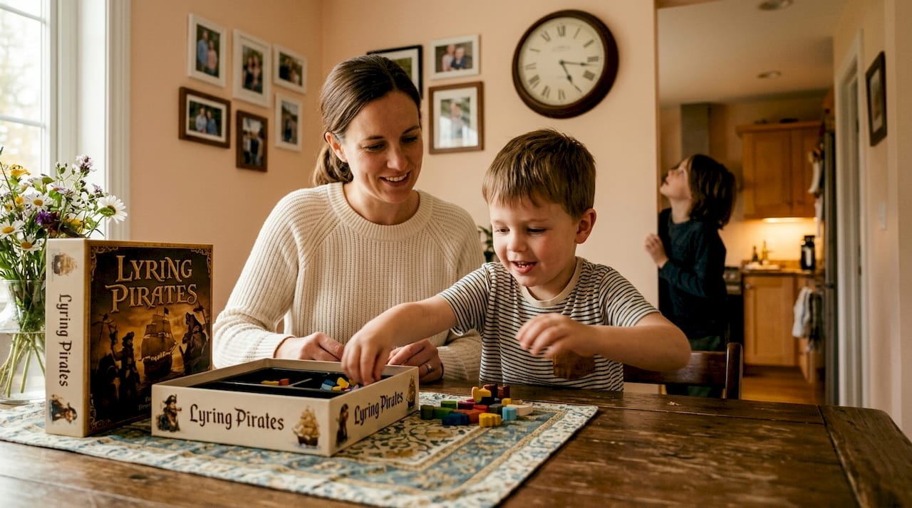 Packing up board game in busy family kitchen