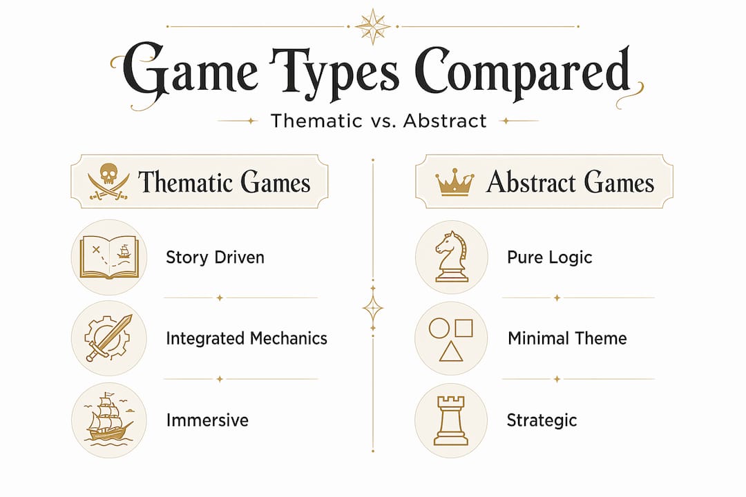 Infographic comparing thematic and abstract games