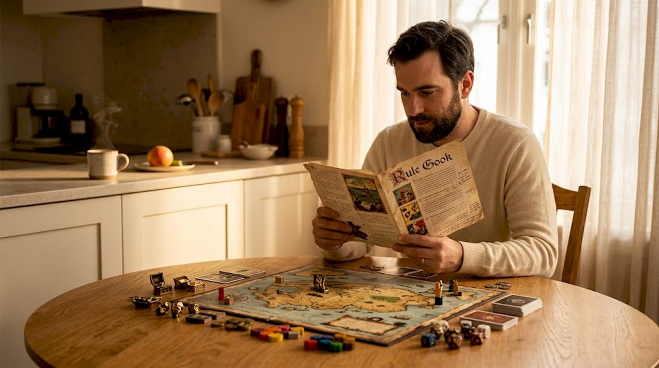 Man reading pirate board game rules at table