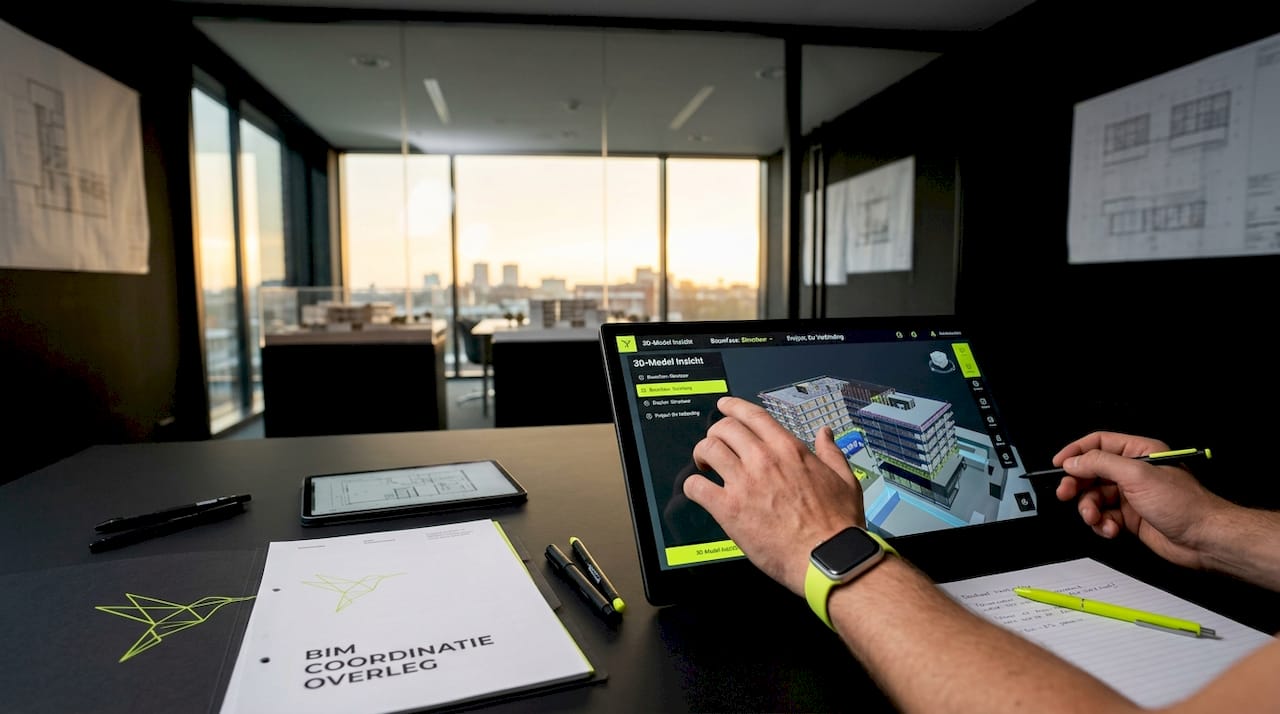 Een ingenieur bedient een 3D BIM-model via een touchscreen.