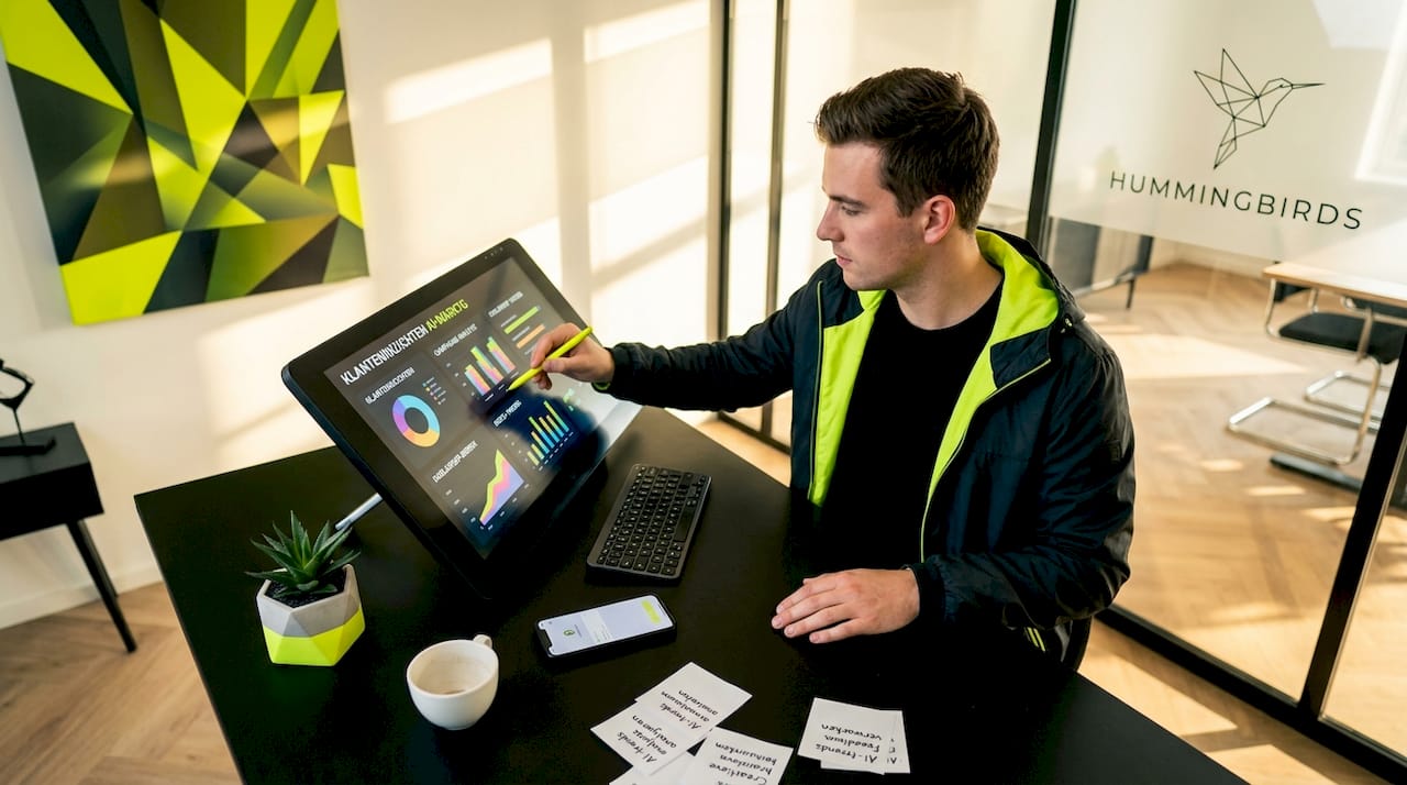Een marketeer die met behulp van AI-tools werkt op een touchscreen.