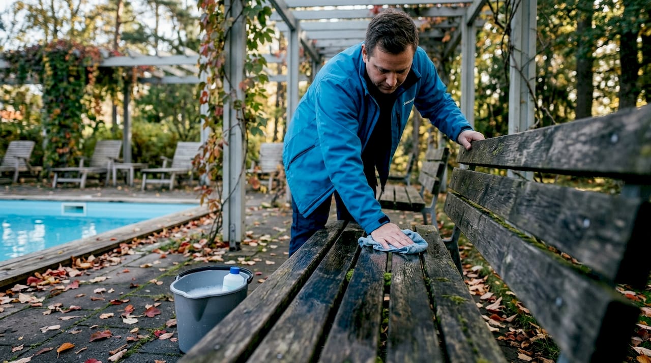 Någon gör rent sina trämöbler ute på gården.