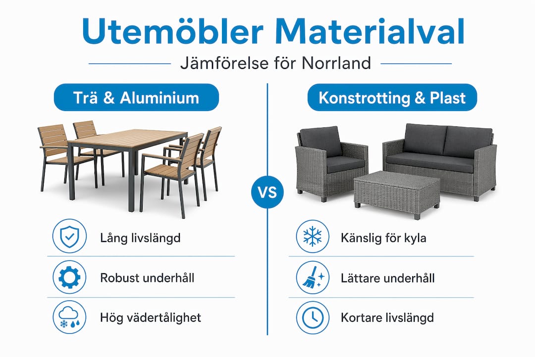 Grafik som visar för- och nackdelar med olika material för utemöbler i norra Sverige