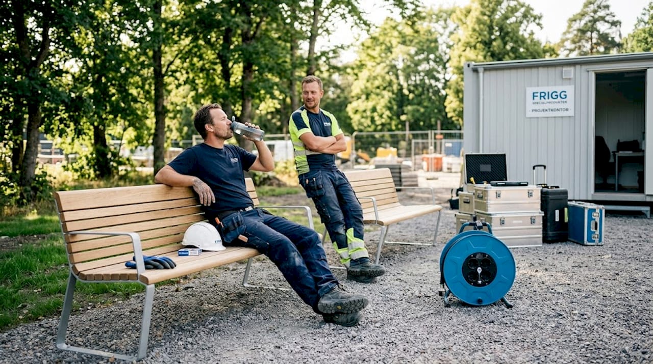 Byggnadsarbetare jobbar vid en ergonomisk arbetsbänk utomhus.