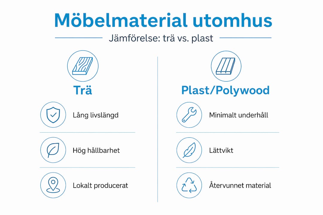 Så skiljer sig trä och plast åt som materialval för utemöbler – en överskådlig infografik