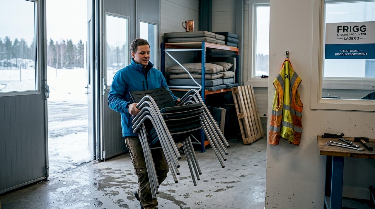 När säsongen skiftar plockas stolarna in i butiken.