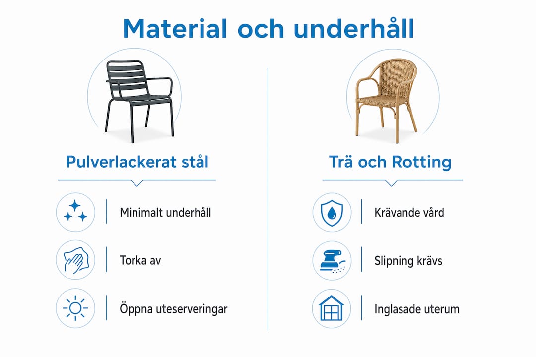 Grafik som visar skillnader i materialval och skötsel för trädgårdsmöbler