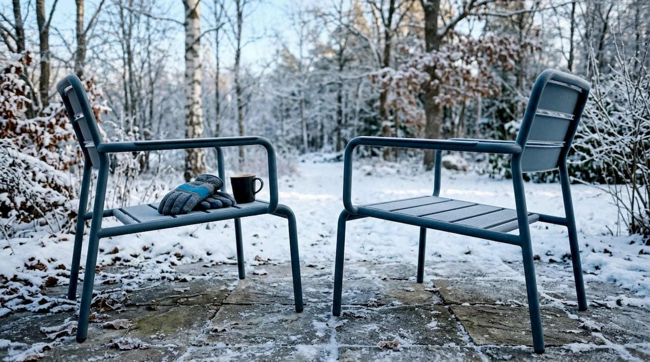 Närbild på en altanstol i aluminium täckt av ett tunt lager snö.