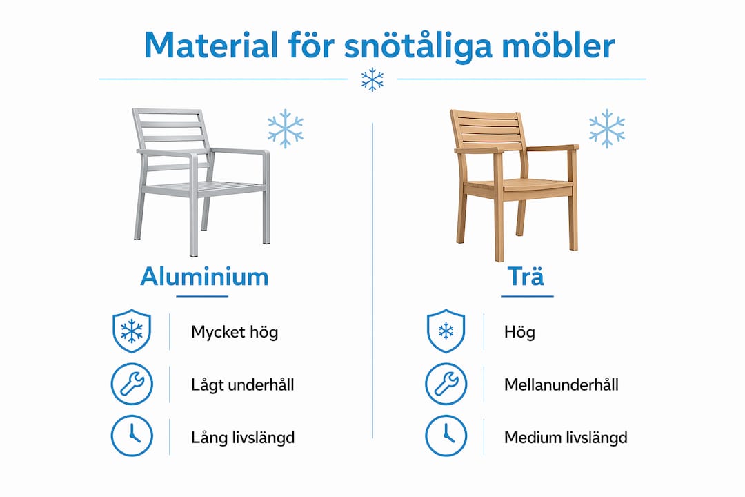 Grafisk översikt: Så klarar olika material till utemöbler snö och hur mycket skötsel de kräver