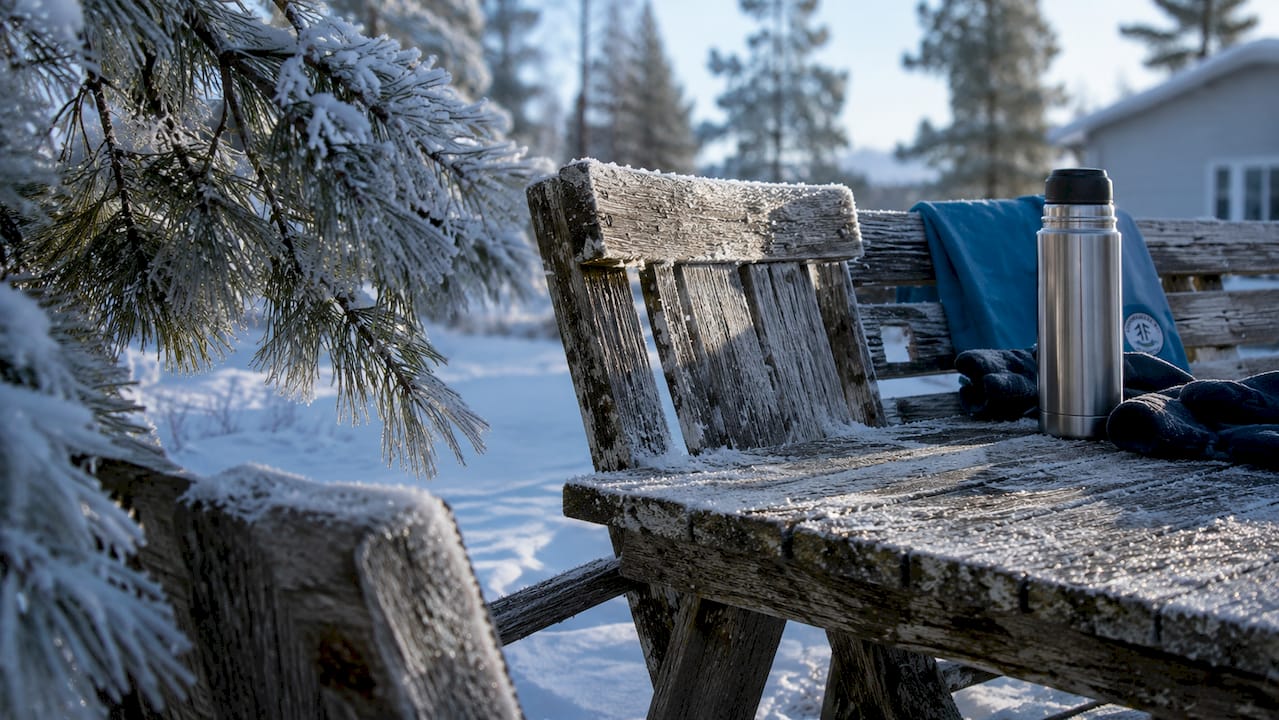 Närbild på utemöbler täckta av frost
