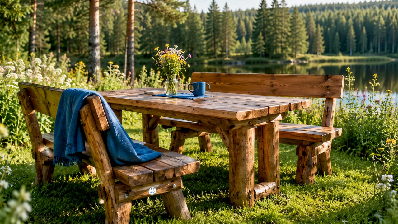 Detaljbild på en furumöbel utomhus, där daggdroppar och vädrets påverkan syns tydligt på träytan.
