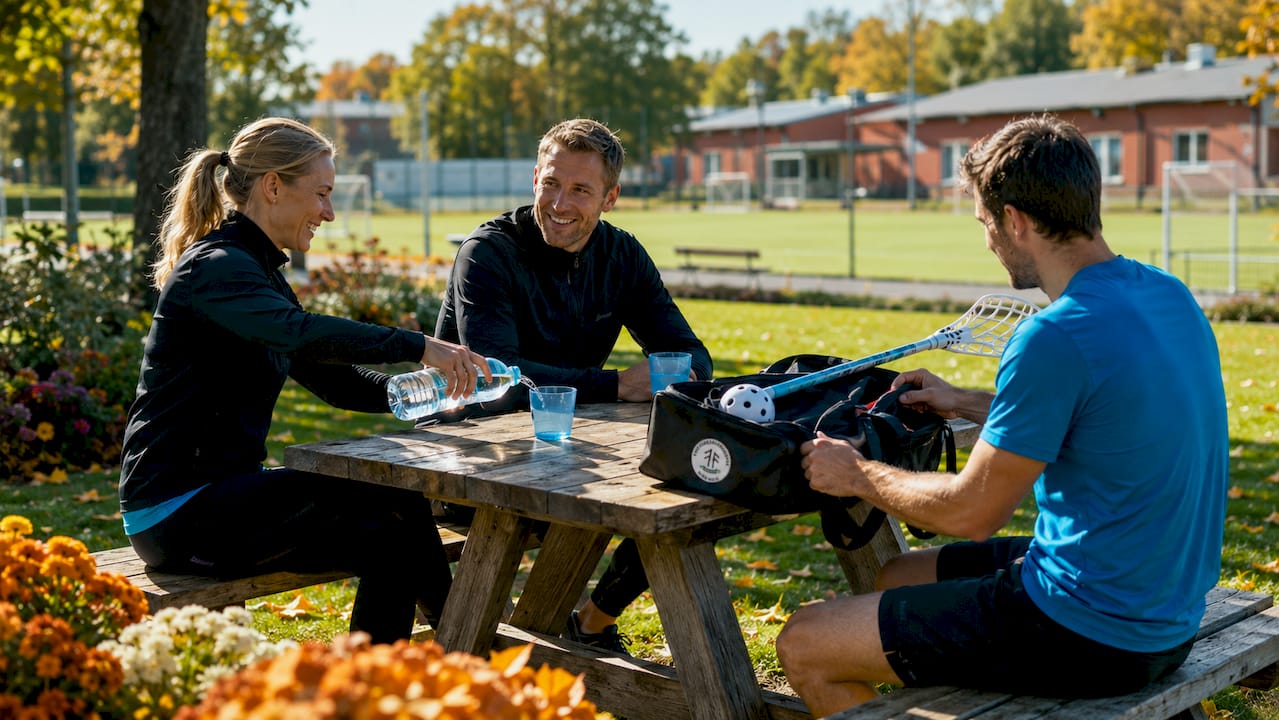 Ett gäng människor som samlas runt ett picknickbord vid en idrottsplats.