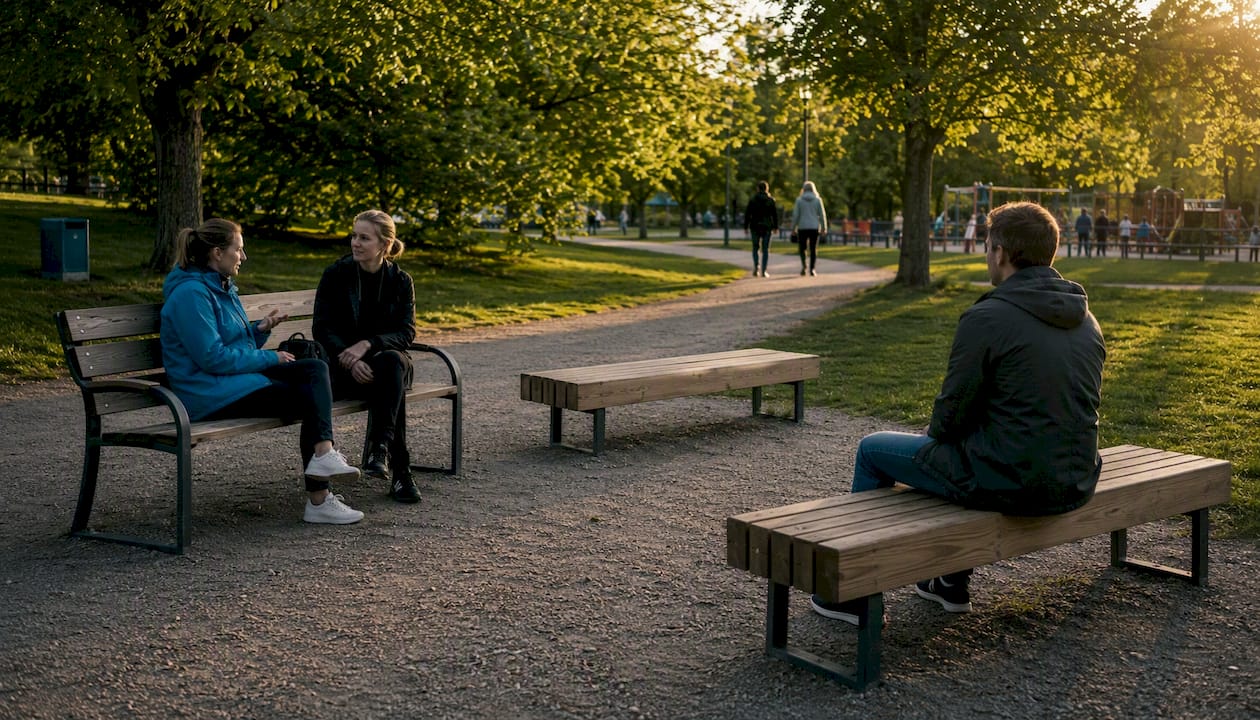 Olika sorters träbänkar pryder stadsparken