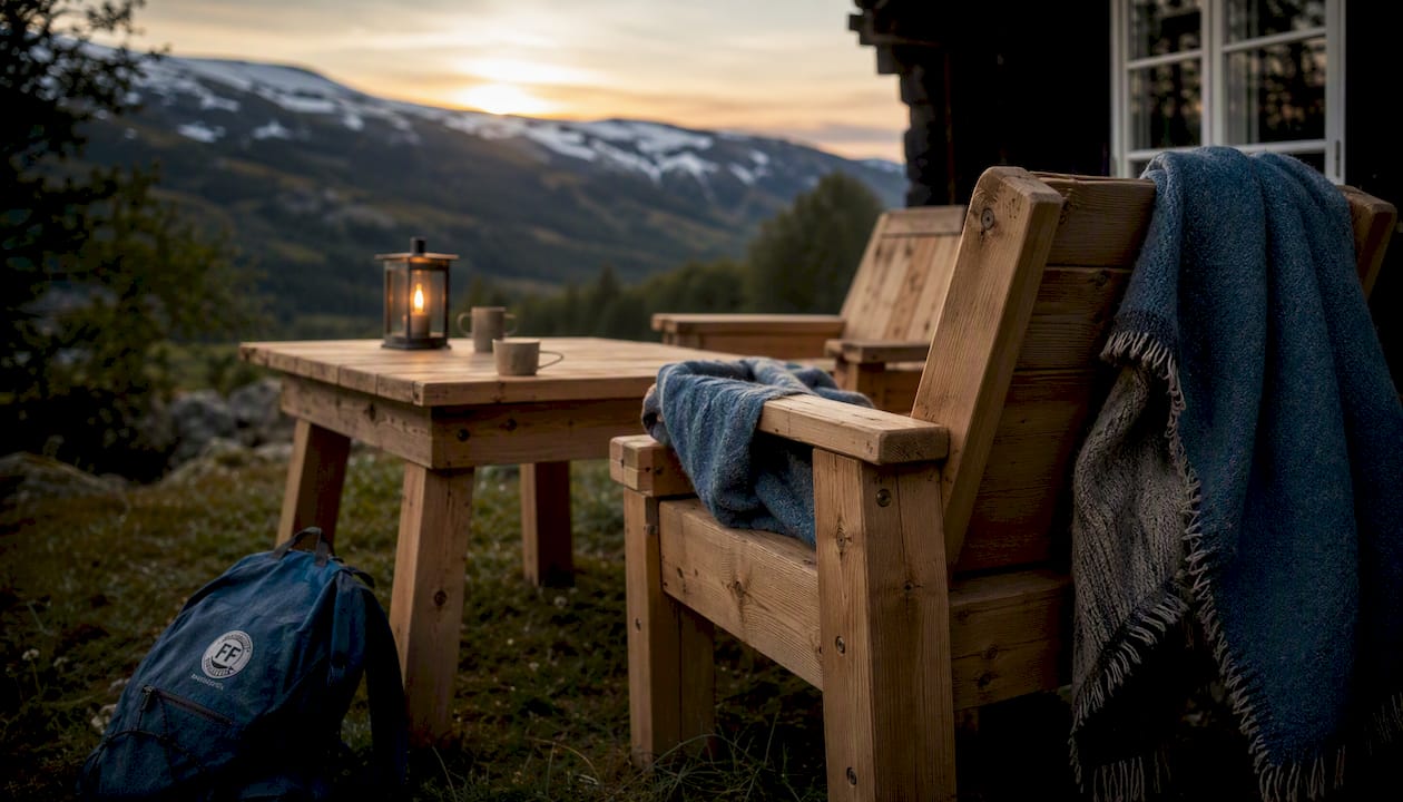 Rejäla utemöbler i trä på stugans veranda uppe på fjället