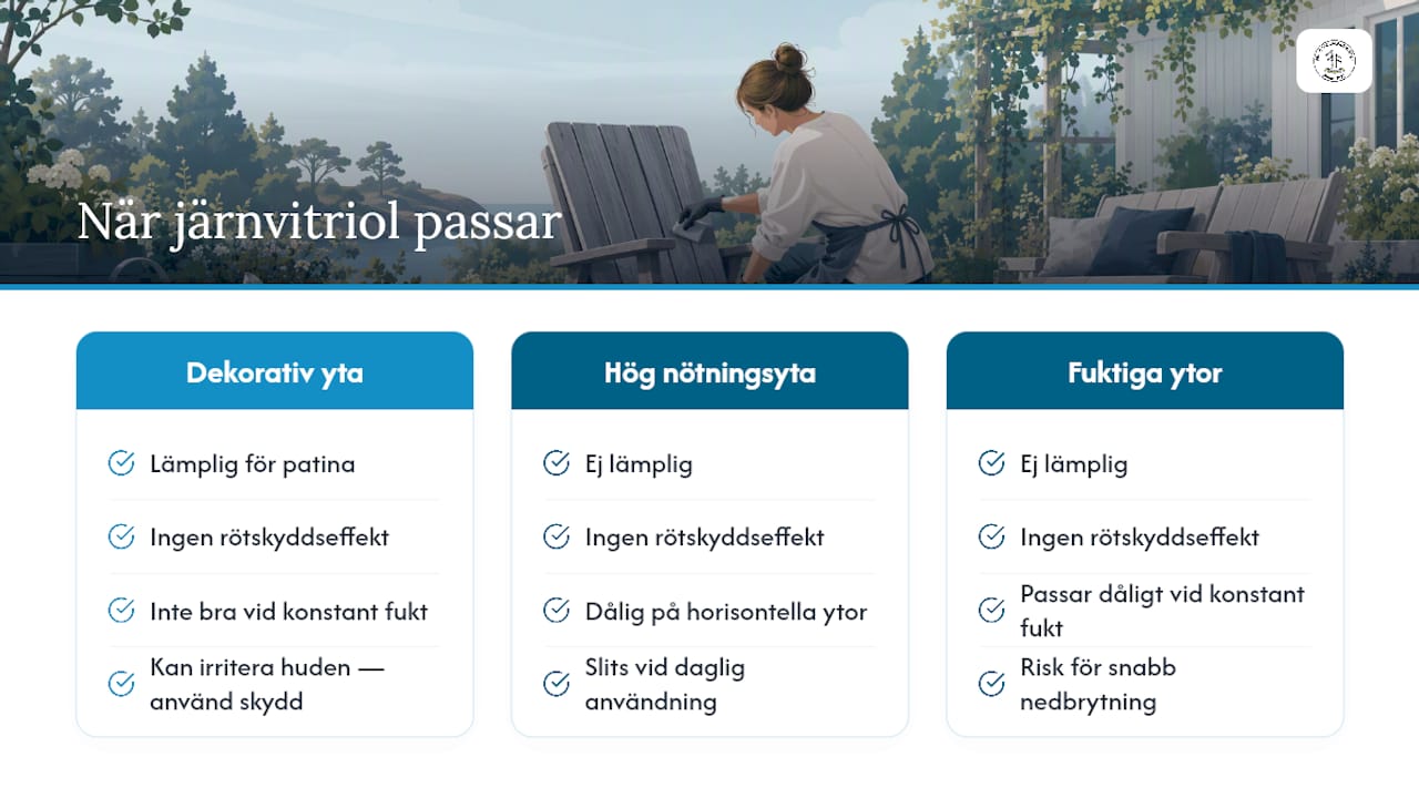 Diagram som visar begränsningar med järnsulfatbehandling på utomhusytor av trä