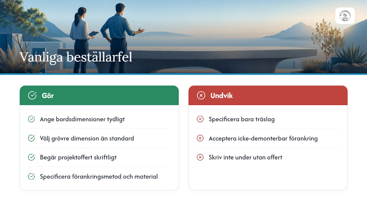Friggs syn: vanliga beställarfel vid inköp av bänkbord — overview diagram