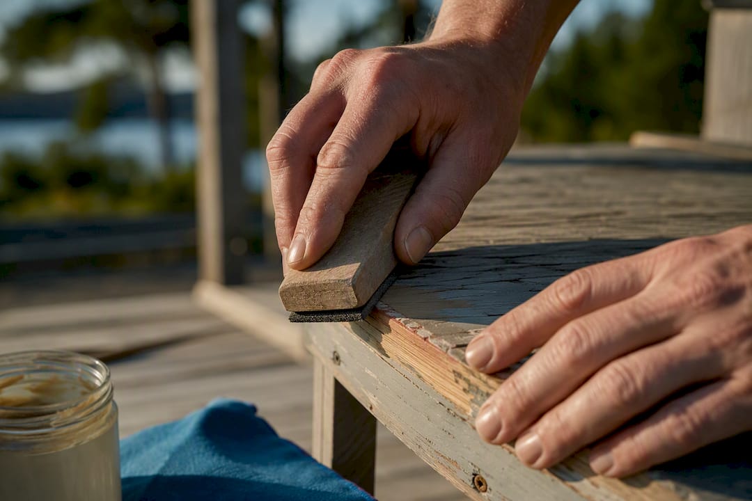 Slipar för hand bort gammal färg från träkanten