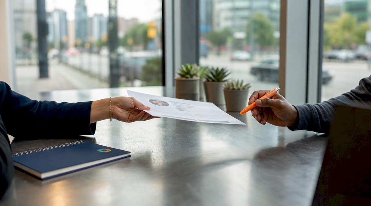 Hands exchanging promotion candidate profile