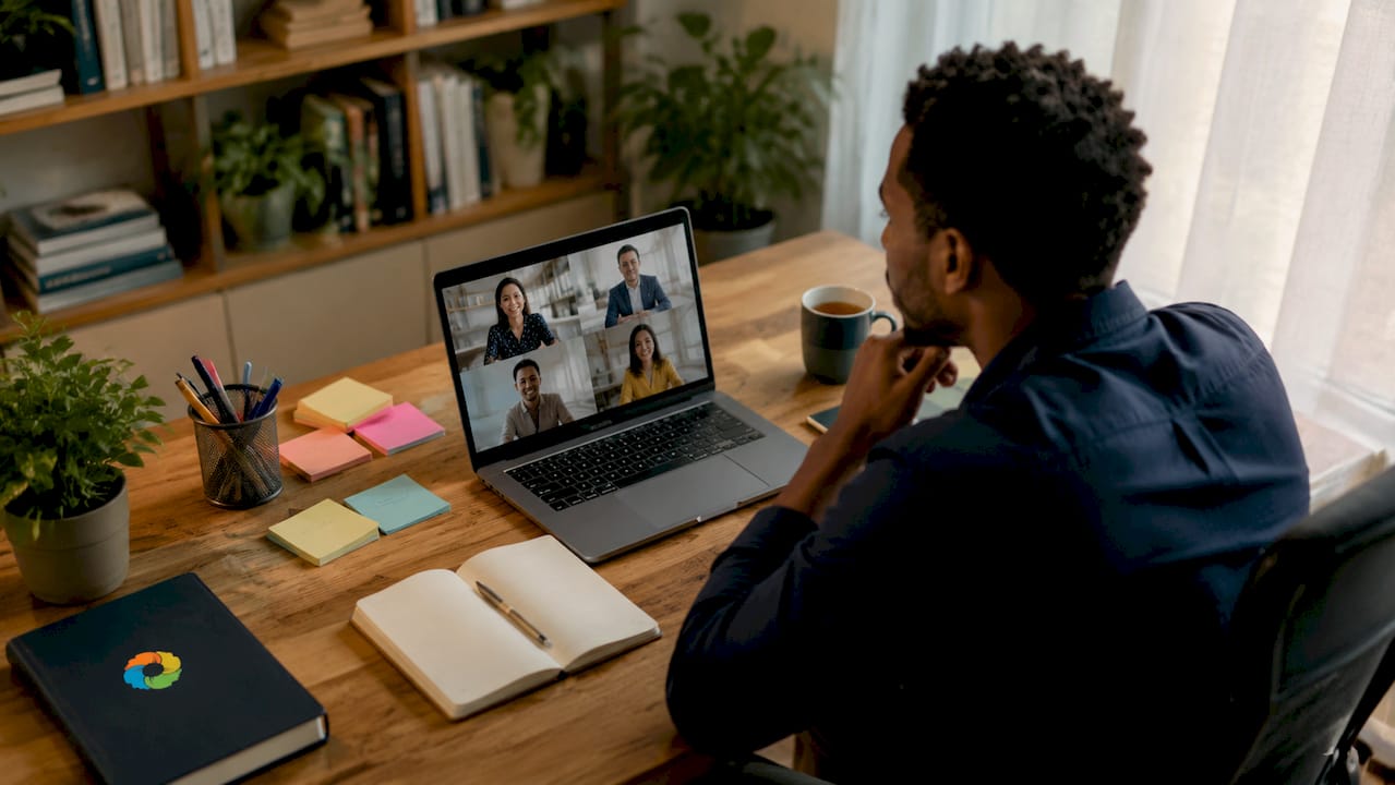 Over-shoulder view of video call with diverse remote team
