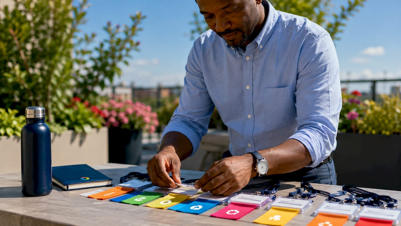 Hands arranging value-themed name badges
