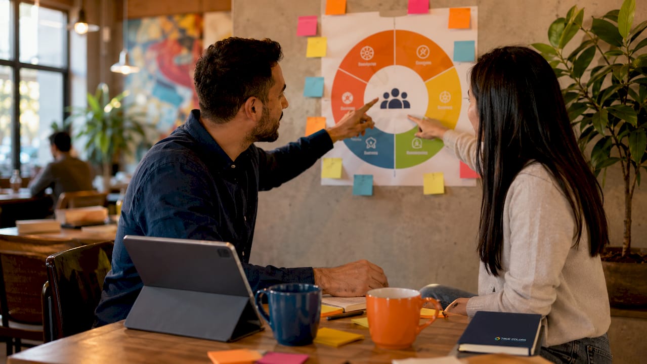 Diverse hands analyzing culture framework on desk