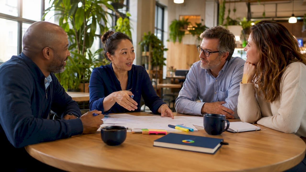 Leadership team discussing culture strategy around conference table