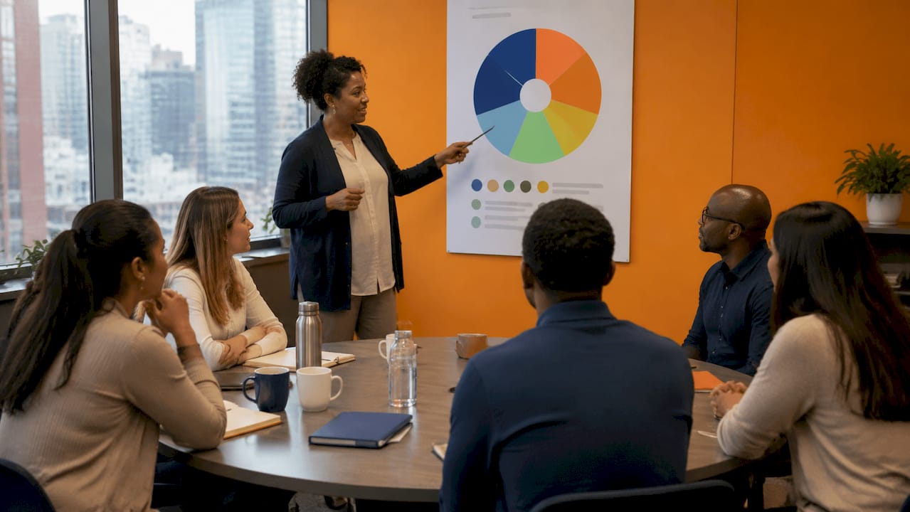 Trainer leading corporate behavior learning session