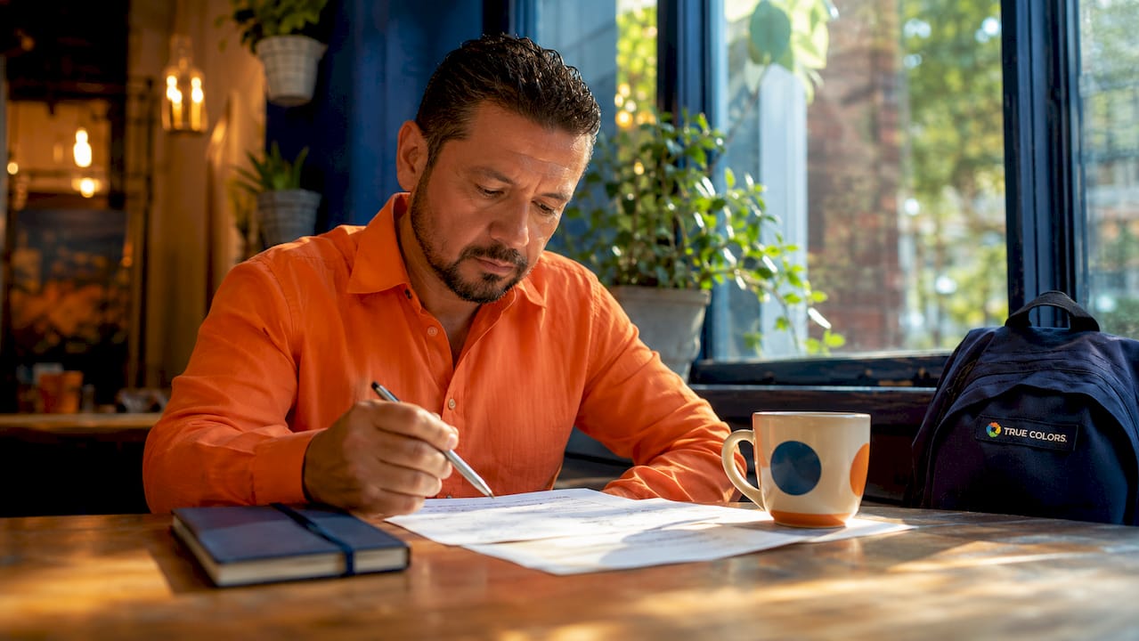 Leader reviewing performance notes at desk