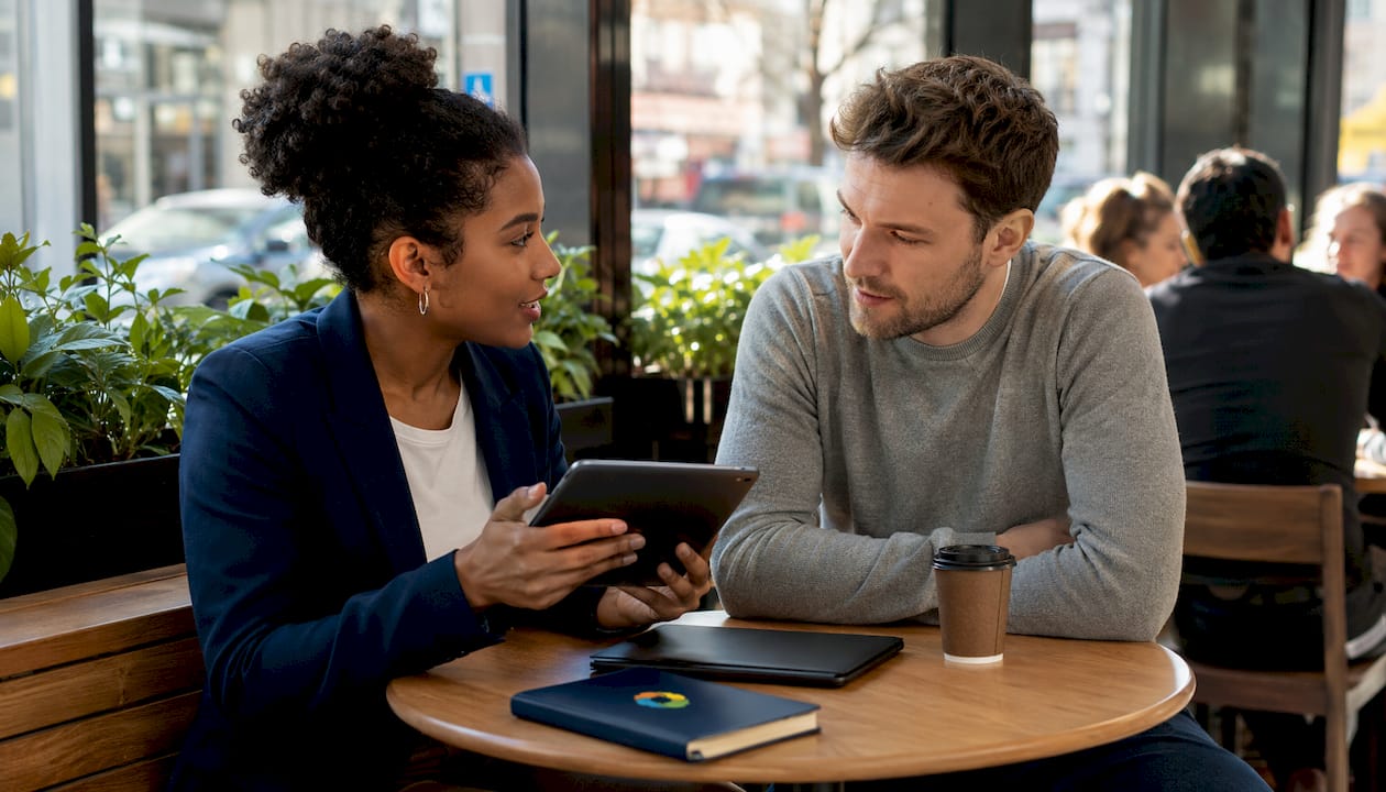 Two coworkers discussing company culture