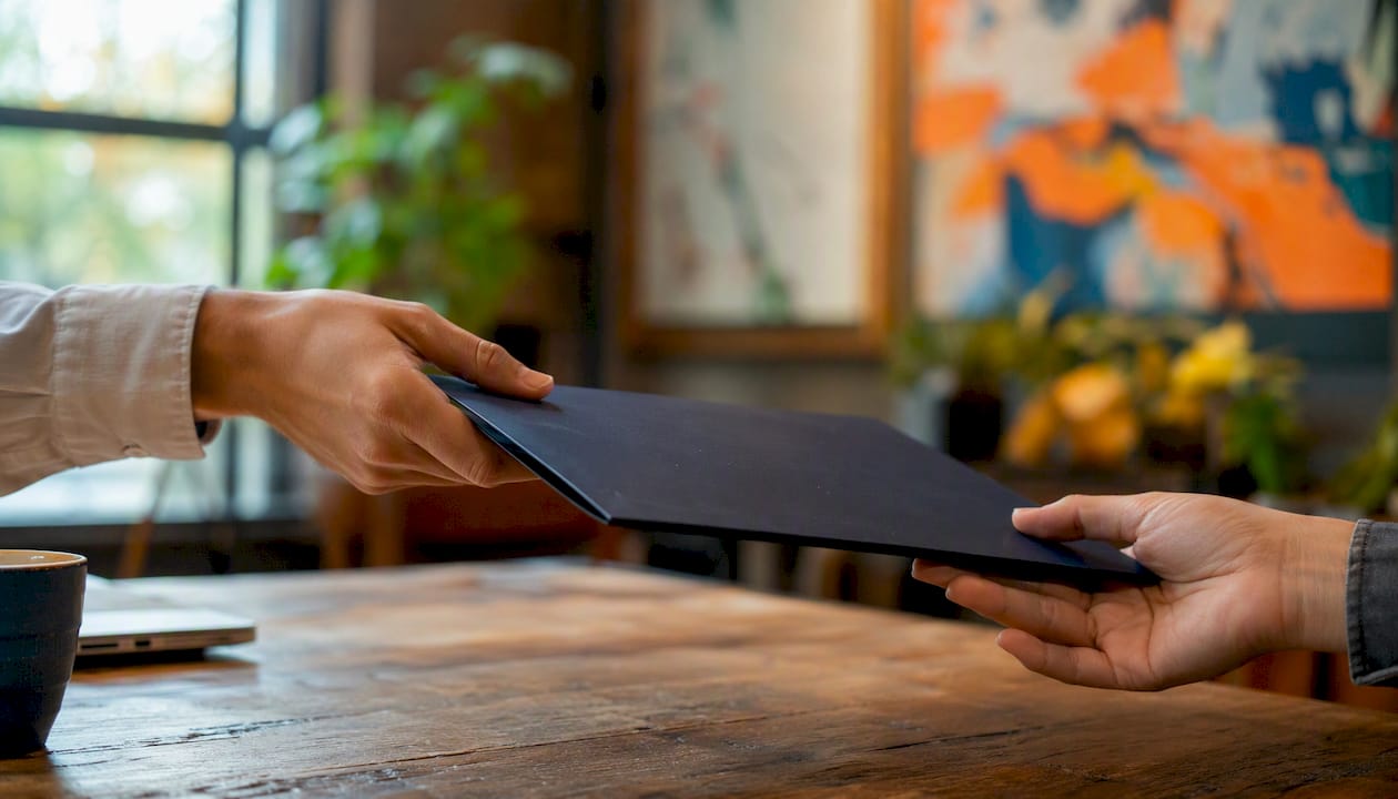 Hands exchanging contract folder