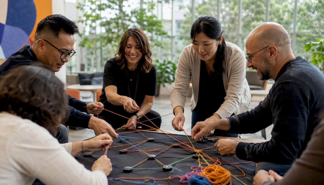 Hands weaving trust network strings