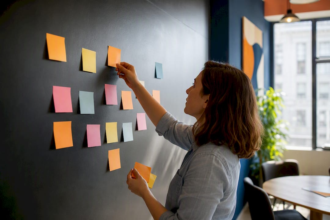 Hand arranging sticky notes representing task organization