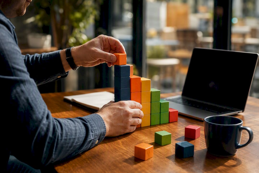 Hands arranging retention metric blocks
