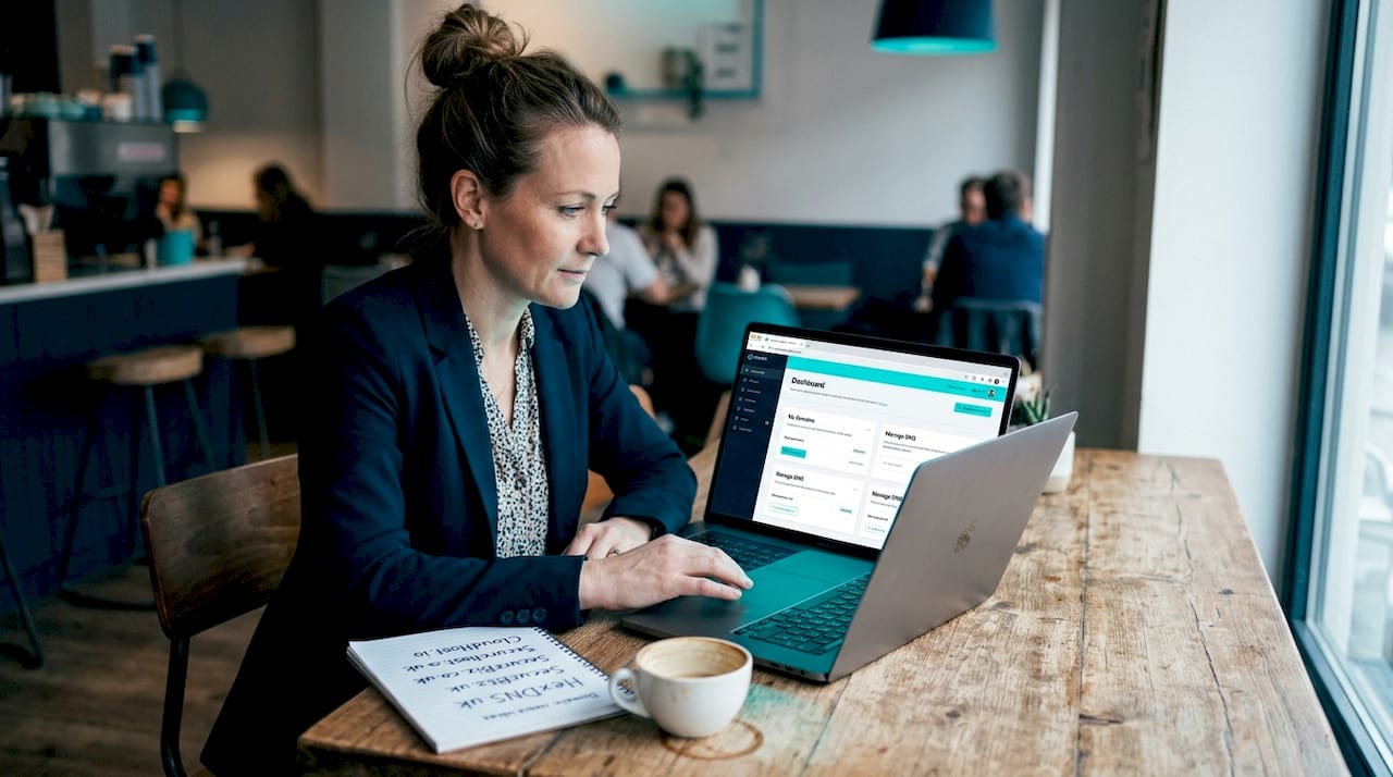Woman manages domain registrar dashboard in café
