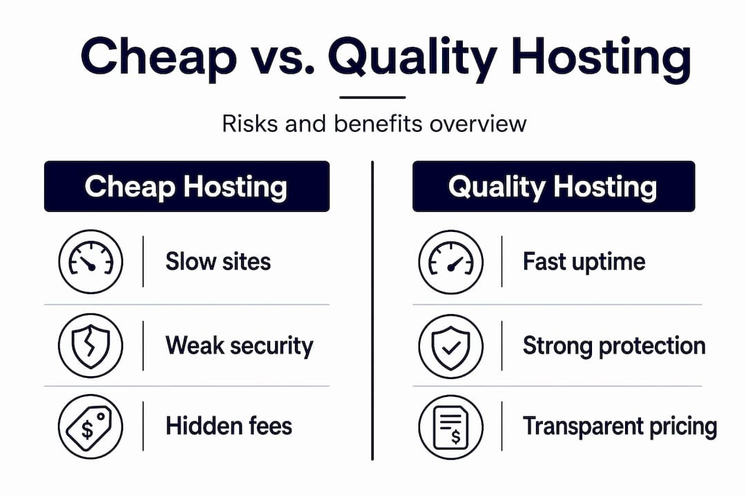 Infographic comparing cheap and quality hosting risks