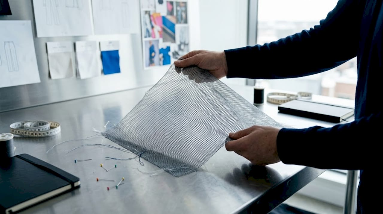 Hands stretching open-weave power mesh fabric
