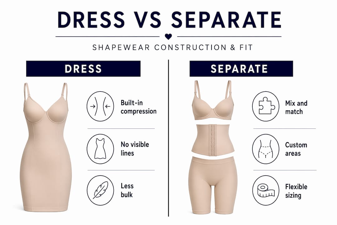 Infographic contrasting shapewear dress and separates