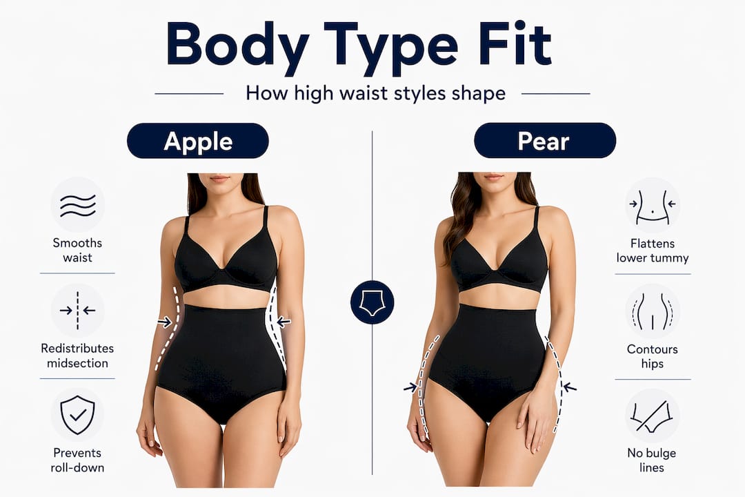Infographic showing shapewear effects for apple and pear body types