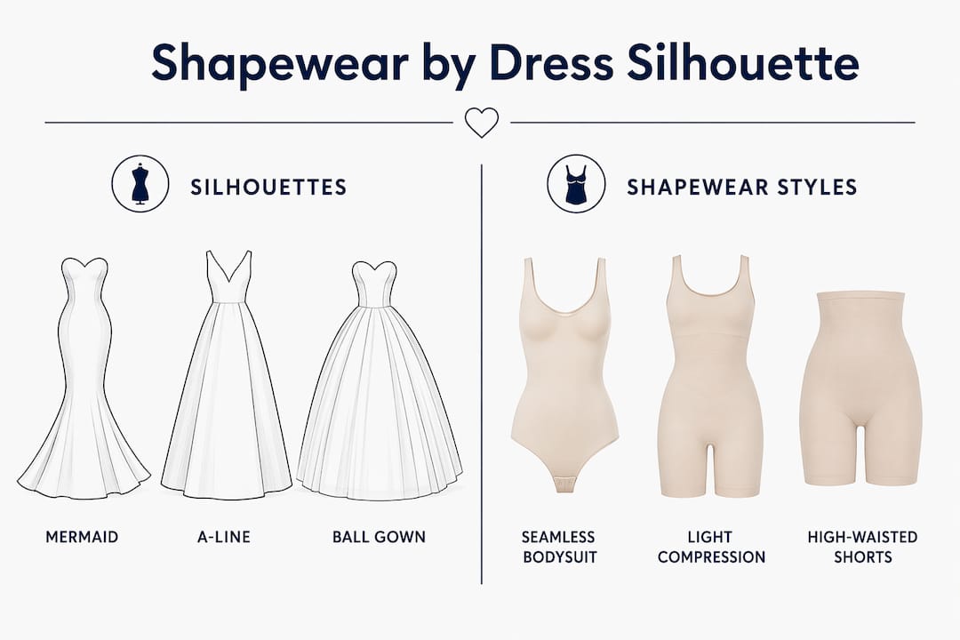 Infographic comparing shapewear types by dress silhouette