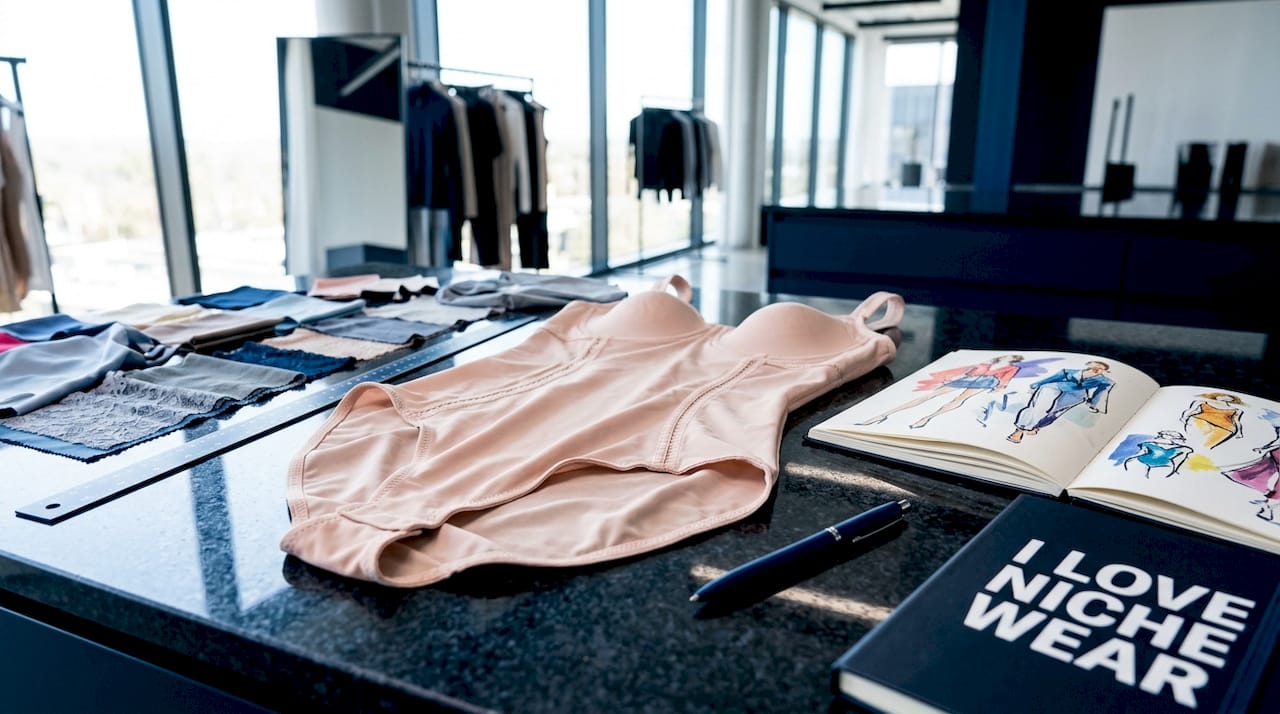 Close-up of body suit shapewear on wooden table